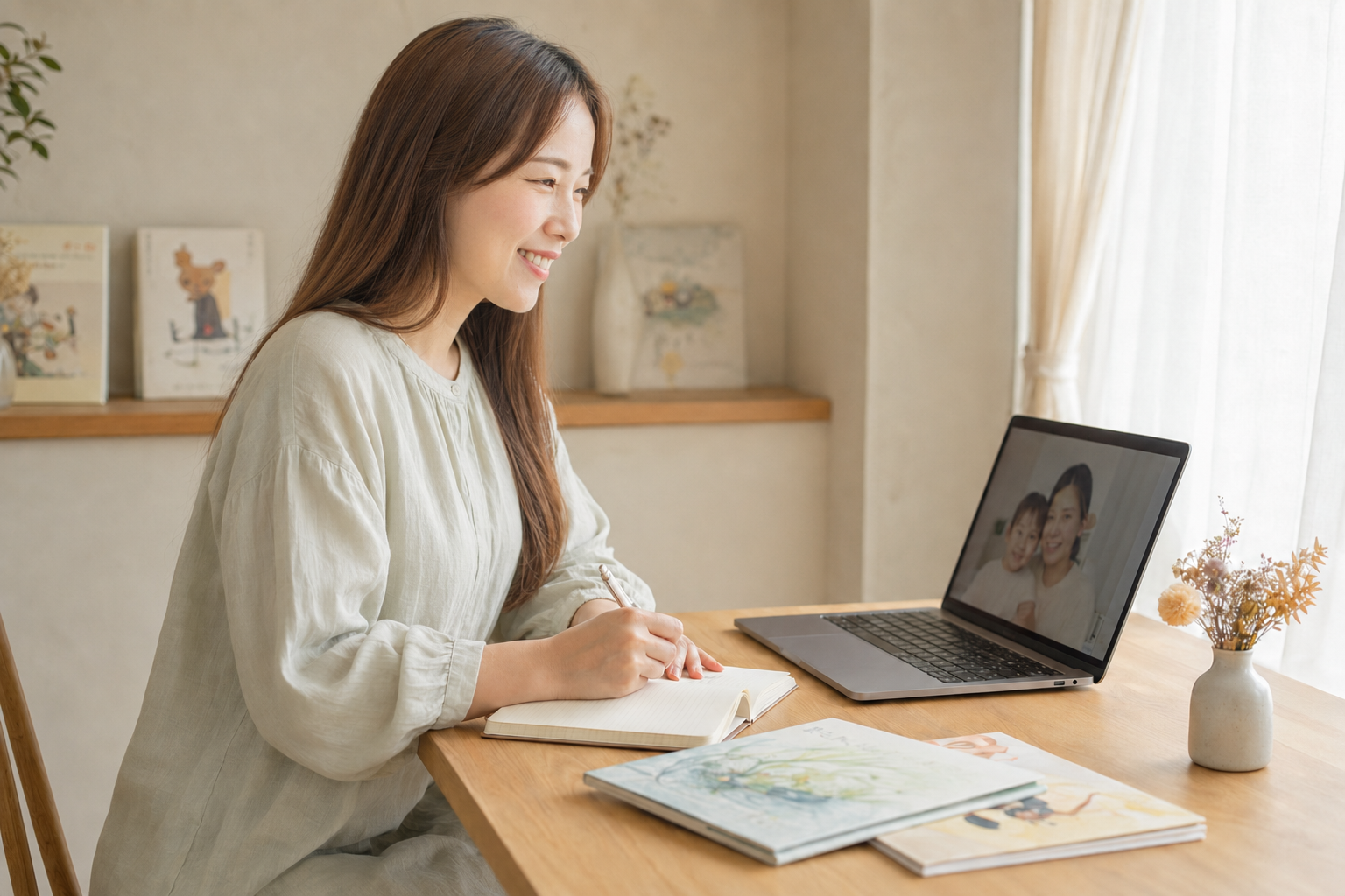 自然光の入る部屋で、オンラインでご家族のお話を伺いながらノートを取る制作者