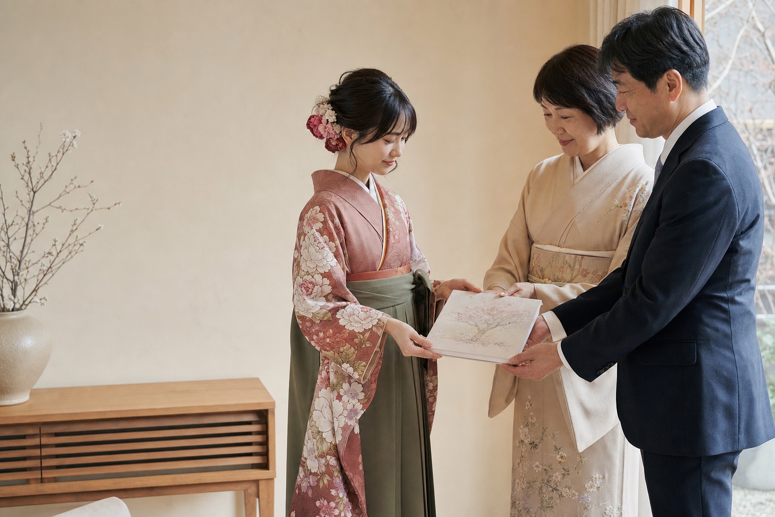 成人式を迎えた娘へ、両親が絵本を贈る様子