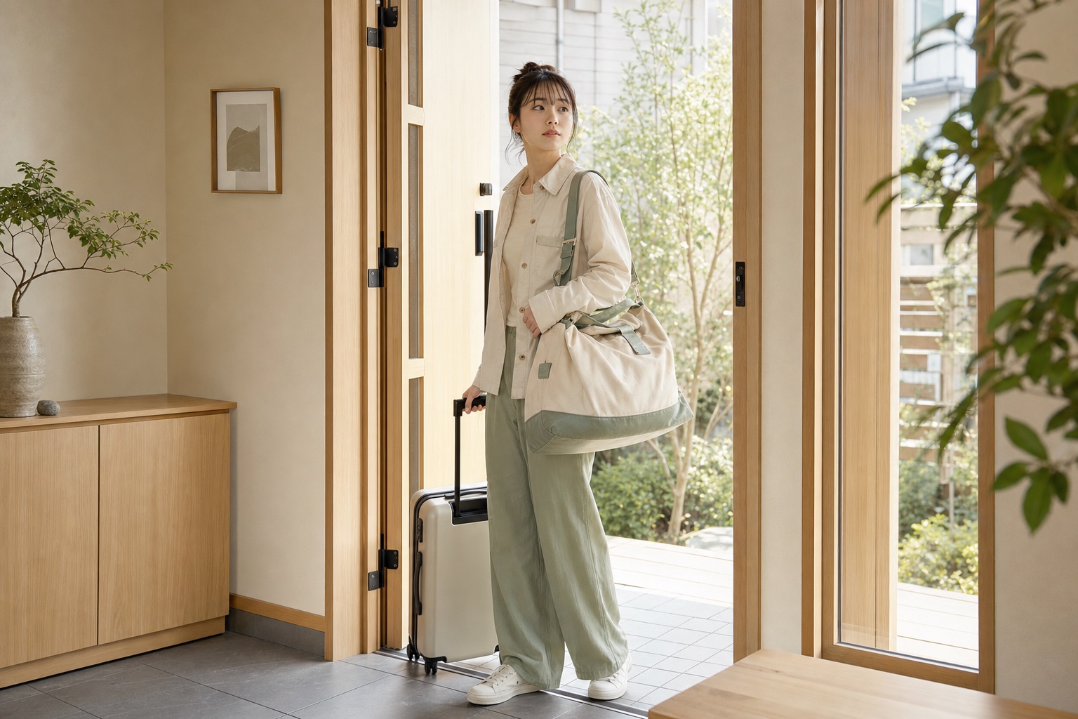 バッグとキャリーケースを持ち、新生活へ踏み出す若い女性