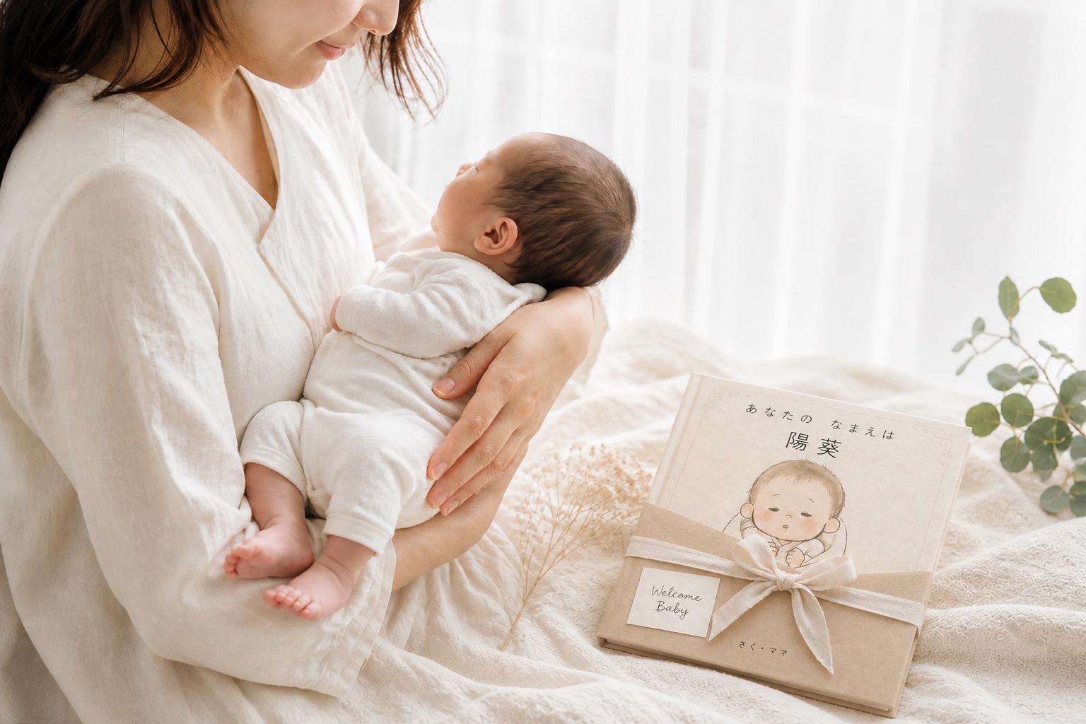 赤ちゃんを抱く母親と、ベッドの上に置かれたリボン付きのオーダーメイド絵本