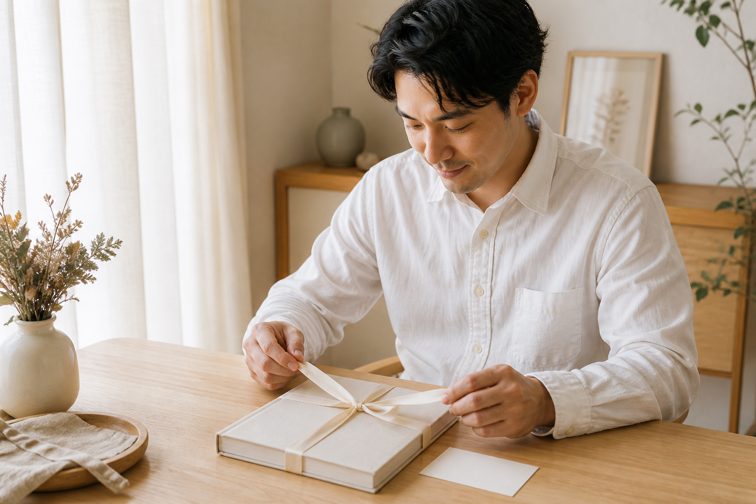 妻へのサプライズに向けて、パパが絵本へリボンを結ぶ様子