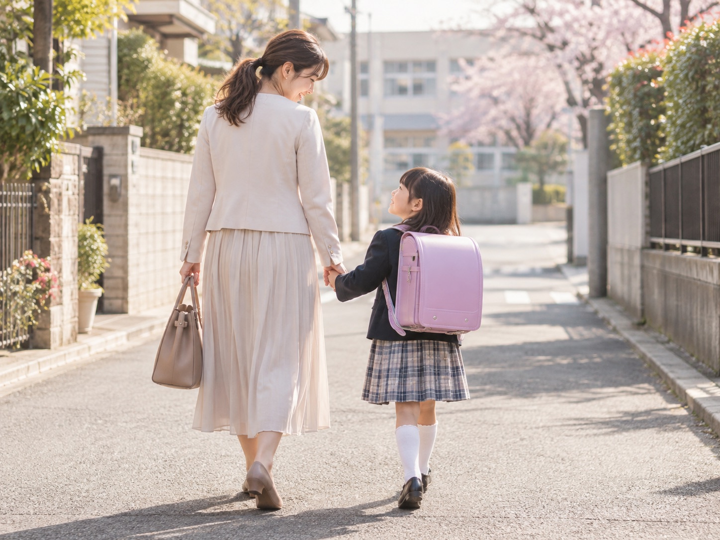 新しいランドセルを背負い、母親と手をつないで小学校へ向かう新一年生