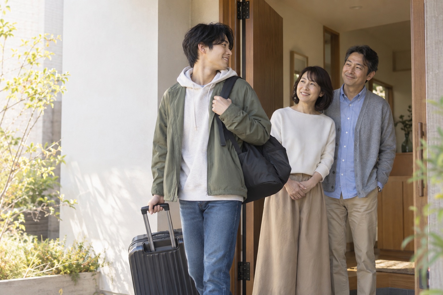 進学で家を離れる息子を、玄関で温かく送り出す両親