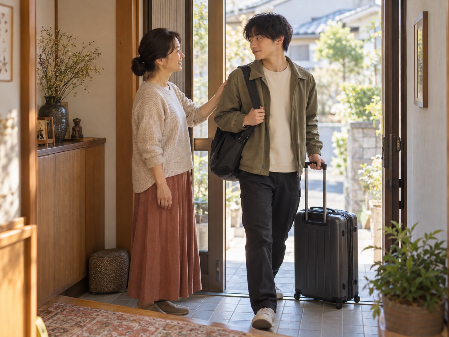 大学進学のためスーツケースを持って家を出る息子を玄関で送り出す母親