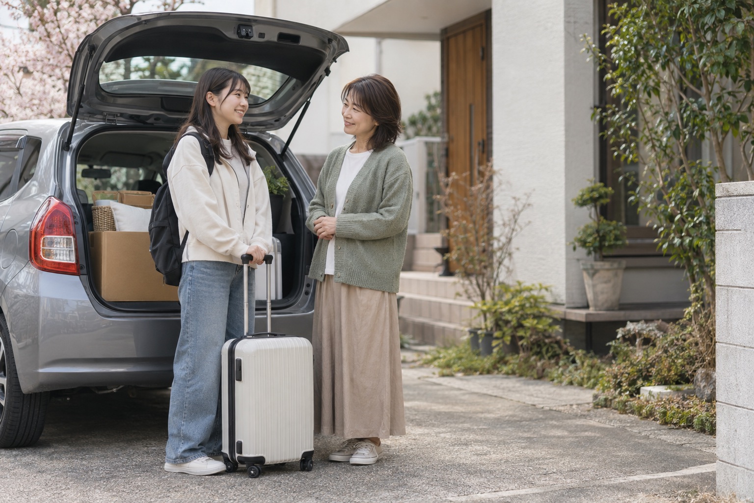 大学進学のため家を離れる娘と、荷物を積んだ車のそばで話す母親