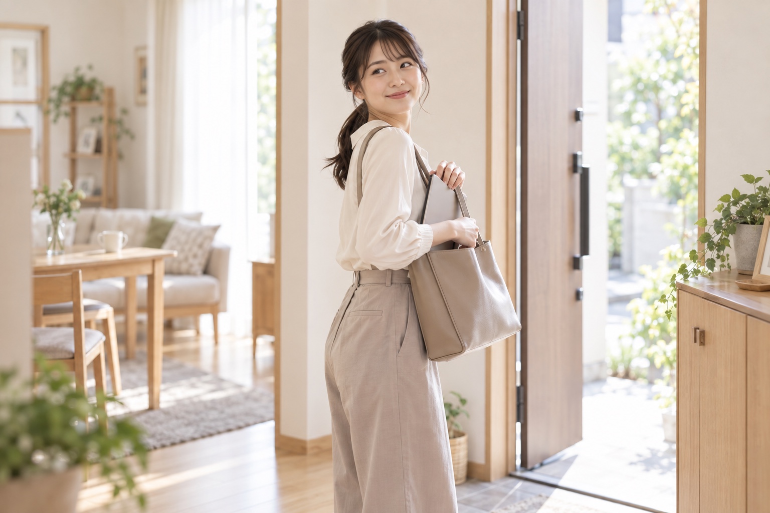 仕事や学校へ出かける前に家族へ振り返って微笑む成人した娘