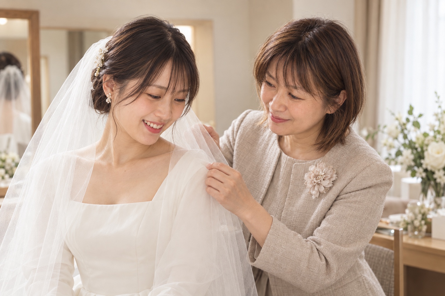 結婚式の日、成長した娘のベールを母親がそっと整える未来のイメージ