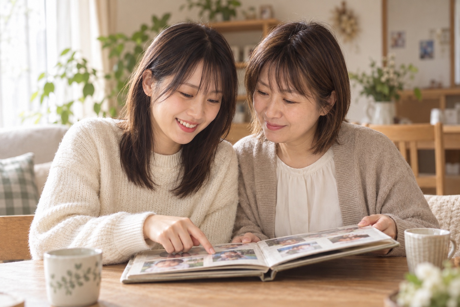 大人になった娘と母親が、自宅で家族のアルバムを一緒に眺める成長後のイメージ