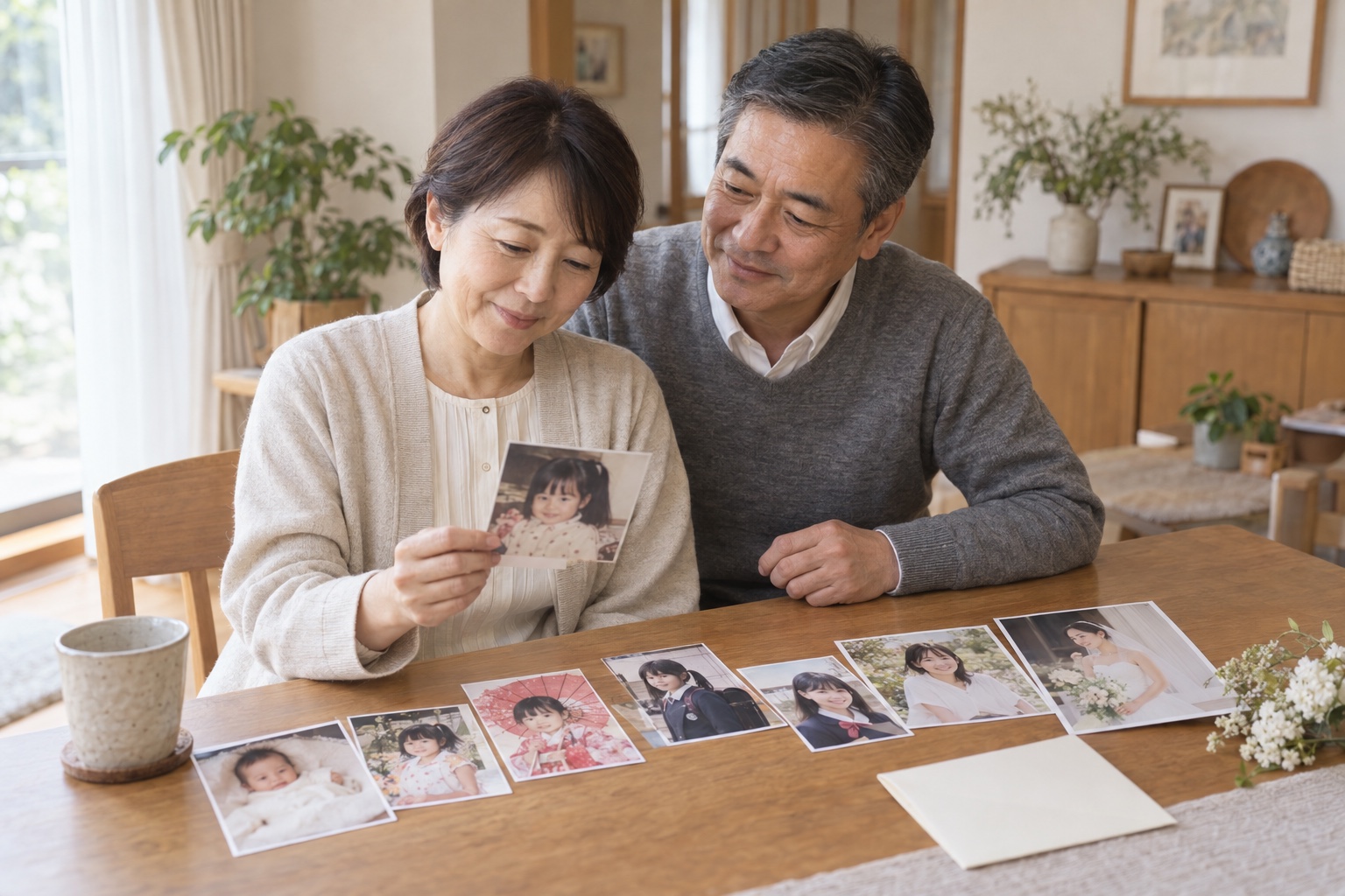 結婚を控えた娘の赤ちゃん期からウェディング姿までの写真を、父親と母親が自宅で振り返る様子