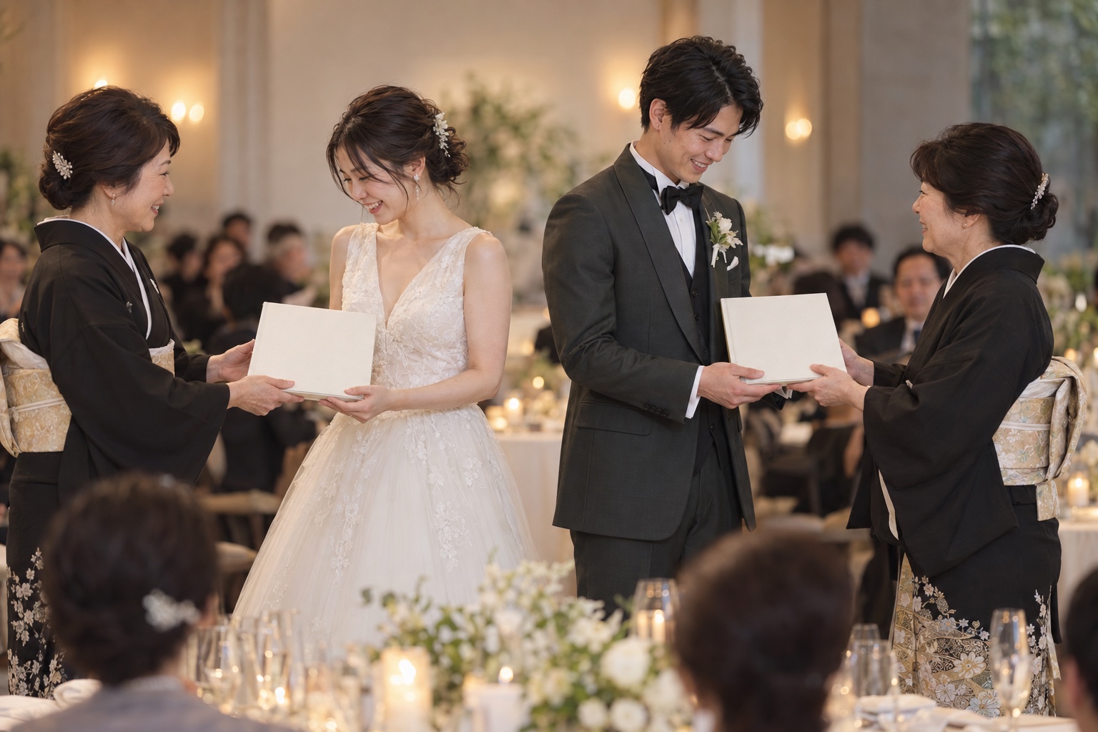 結婚式で、新婦の母親から娘へ、新郎の母親から息子へ、それぞれ一冊の絵本を手渡す様子
