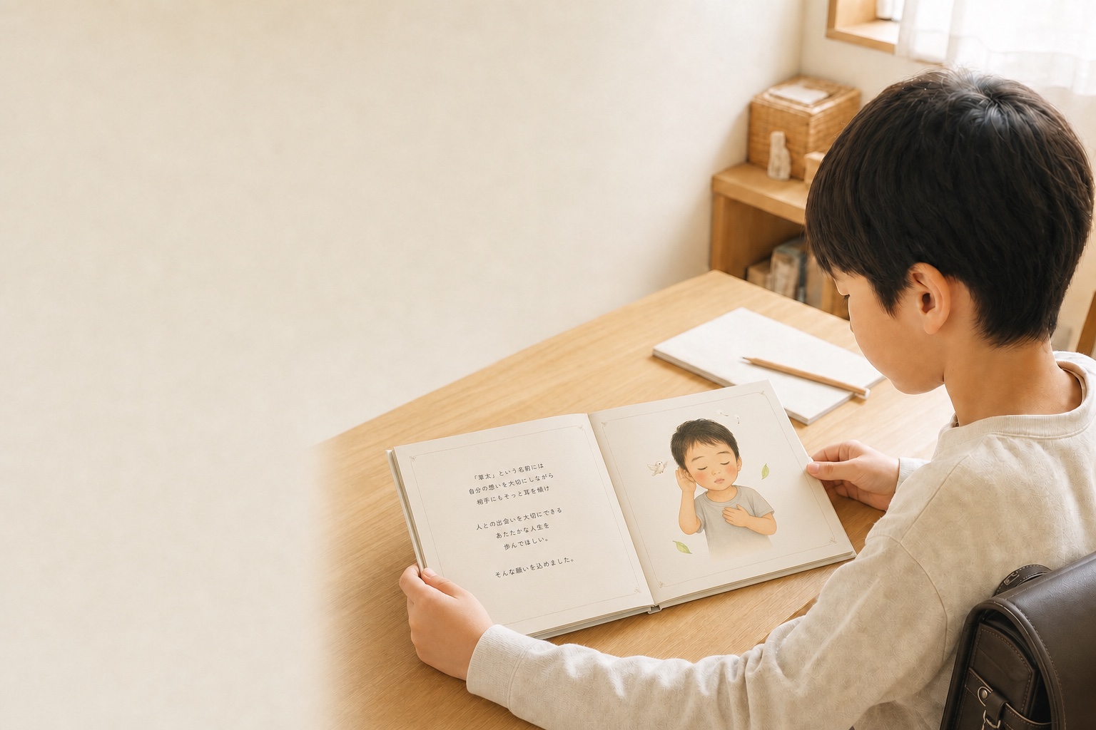 小学校から帰宅した子どもが、明るい木製机で自分の名前の由来を綴った正方形の絵本を読む様子