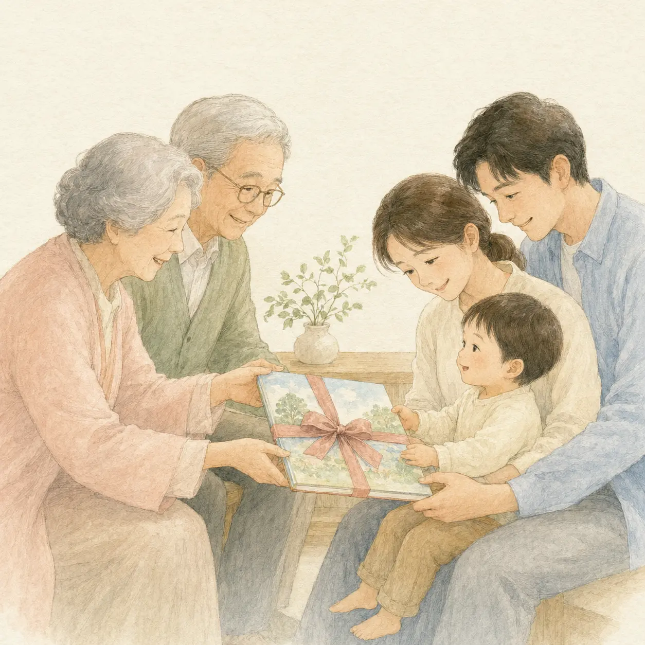 祖父母から絵本を受け取るご家族