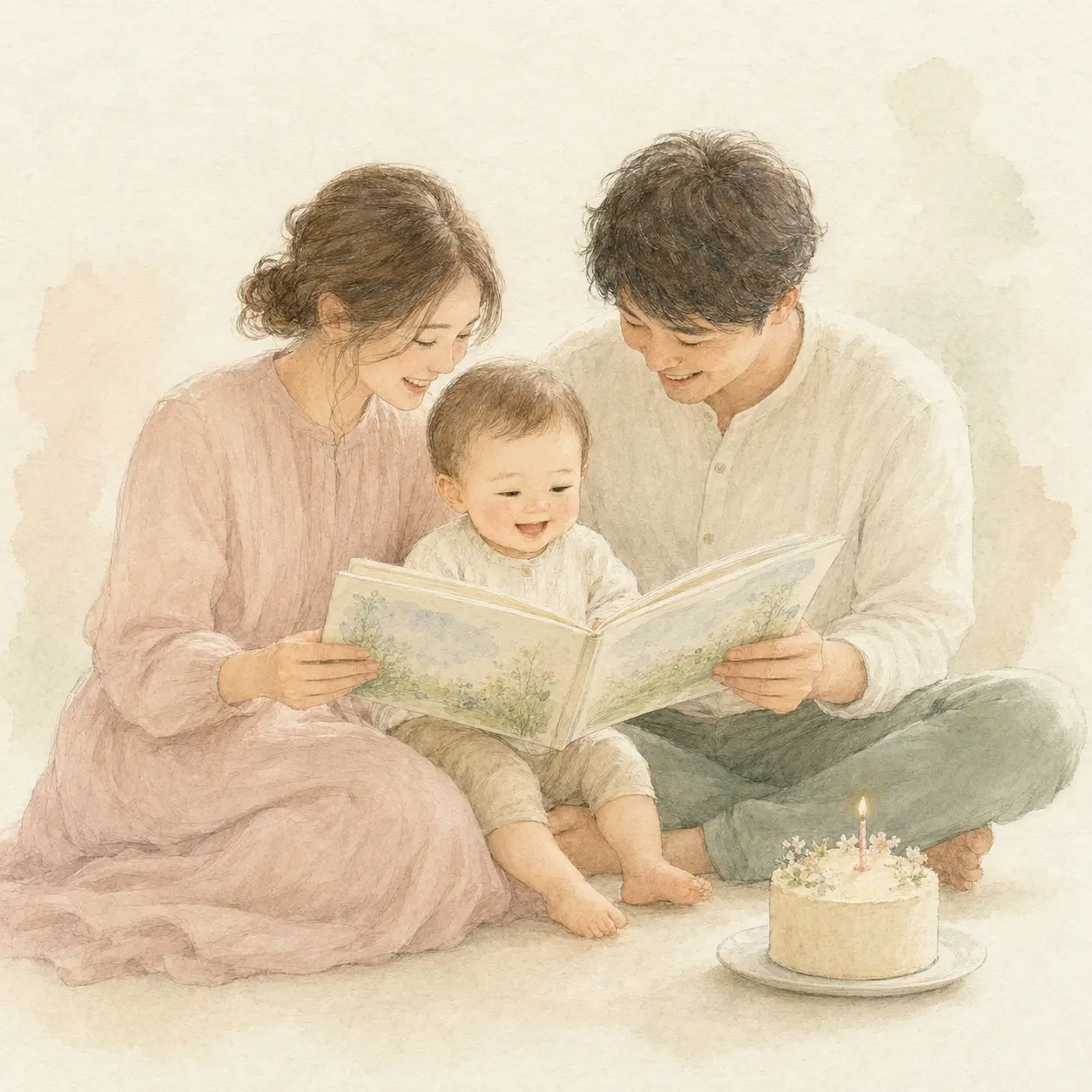 絵本を開いて笑顔になる親子