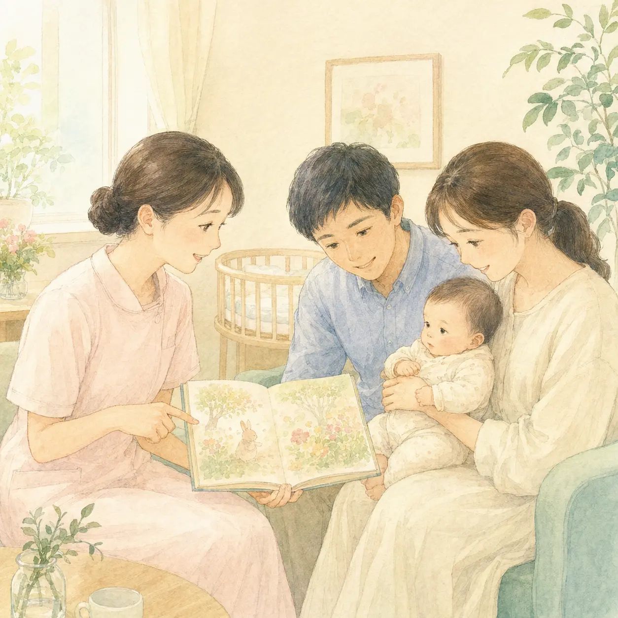 助産師がご家族へ絵本を紹介する様子