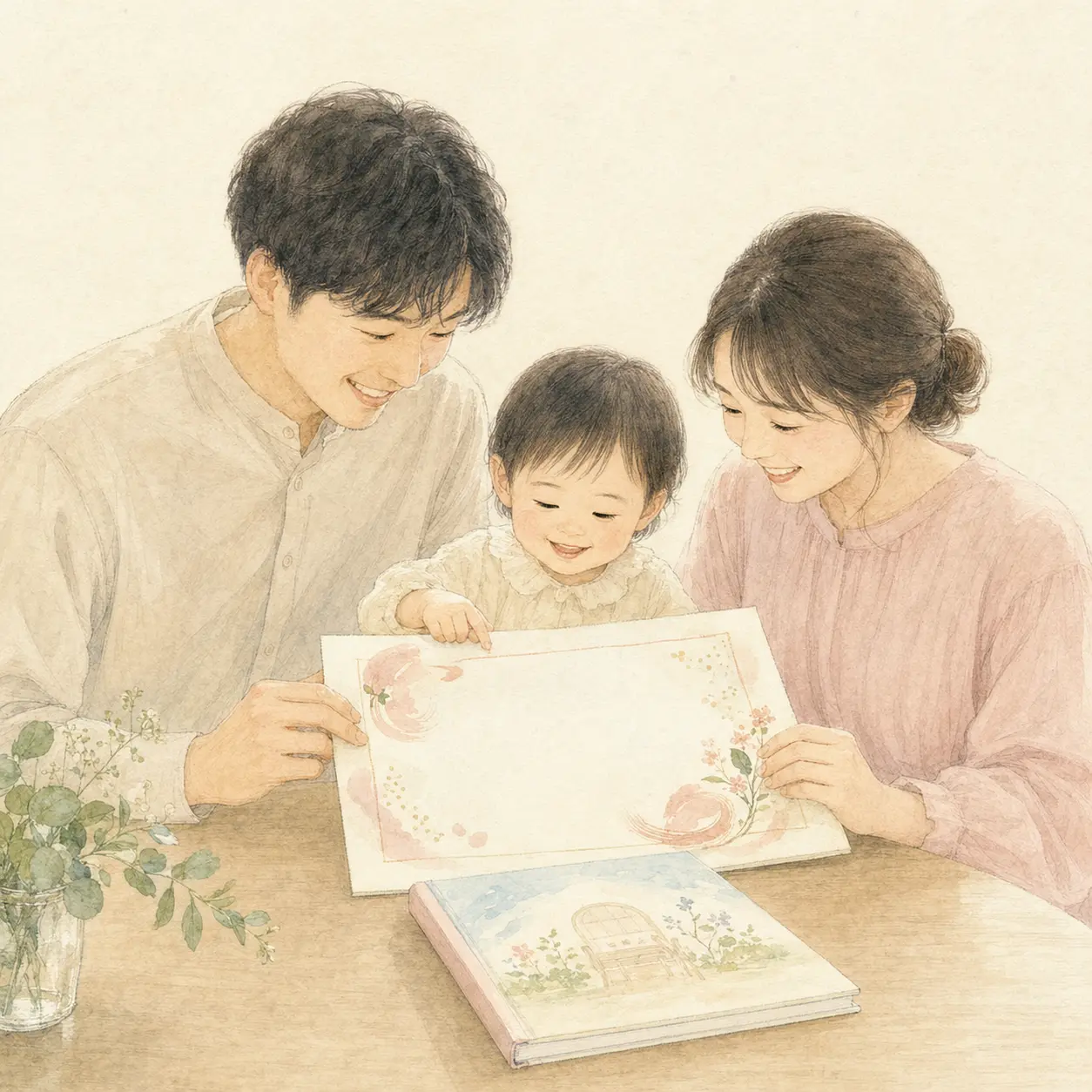 命名の記念を囲む親子
