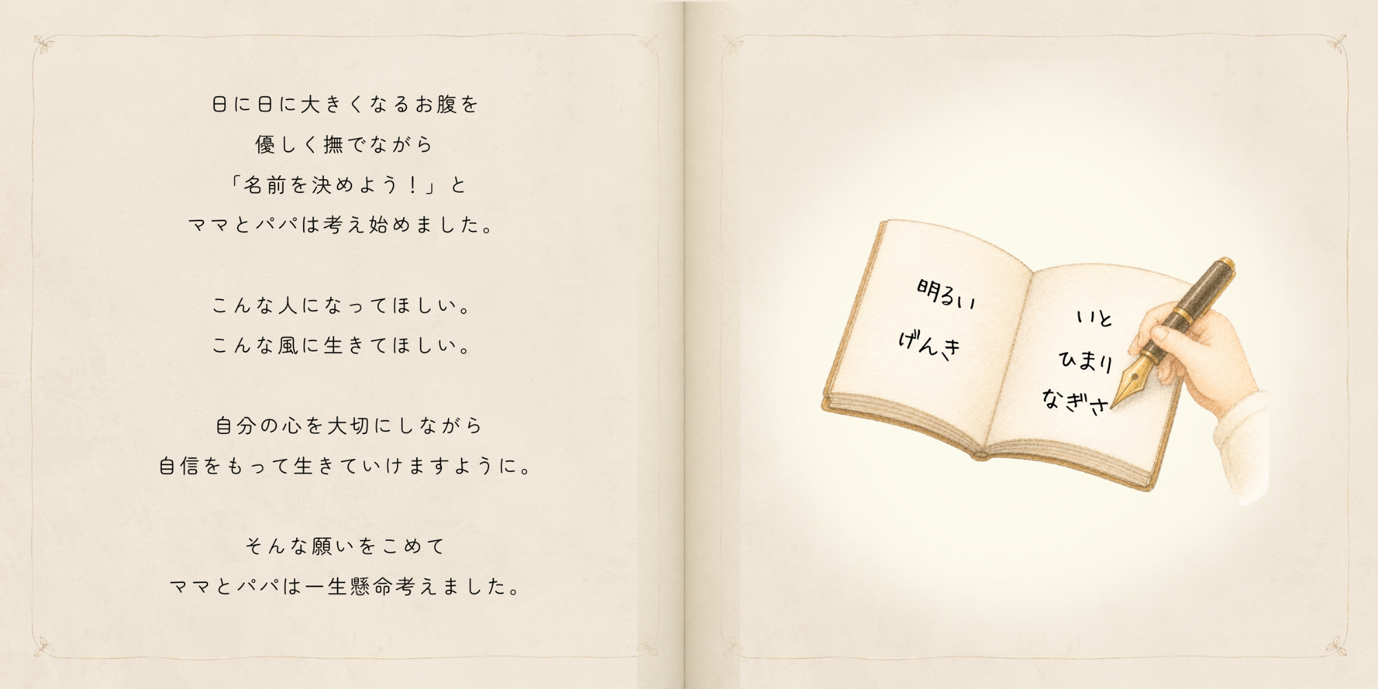 向葵ちゃんの名前を考え始めたママとパパの時間を綴った絵本の見開き