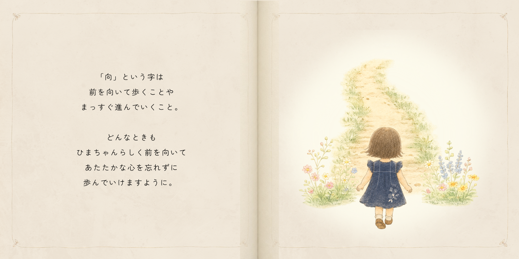 向という文字に込めた前を向きあたたかな心で歩む願いを描いた見開き