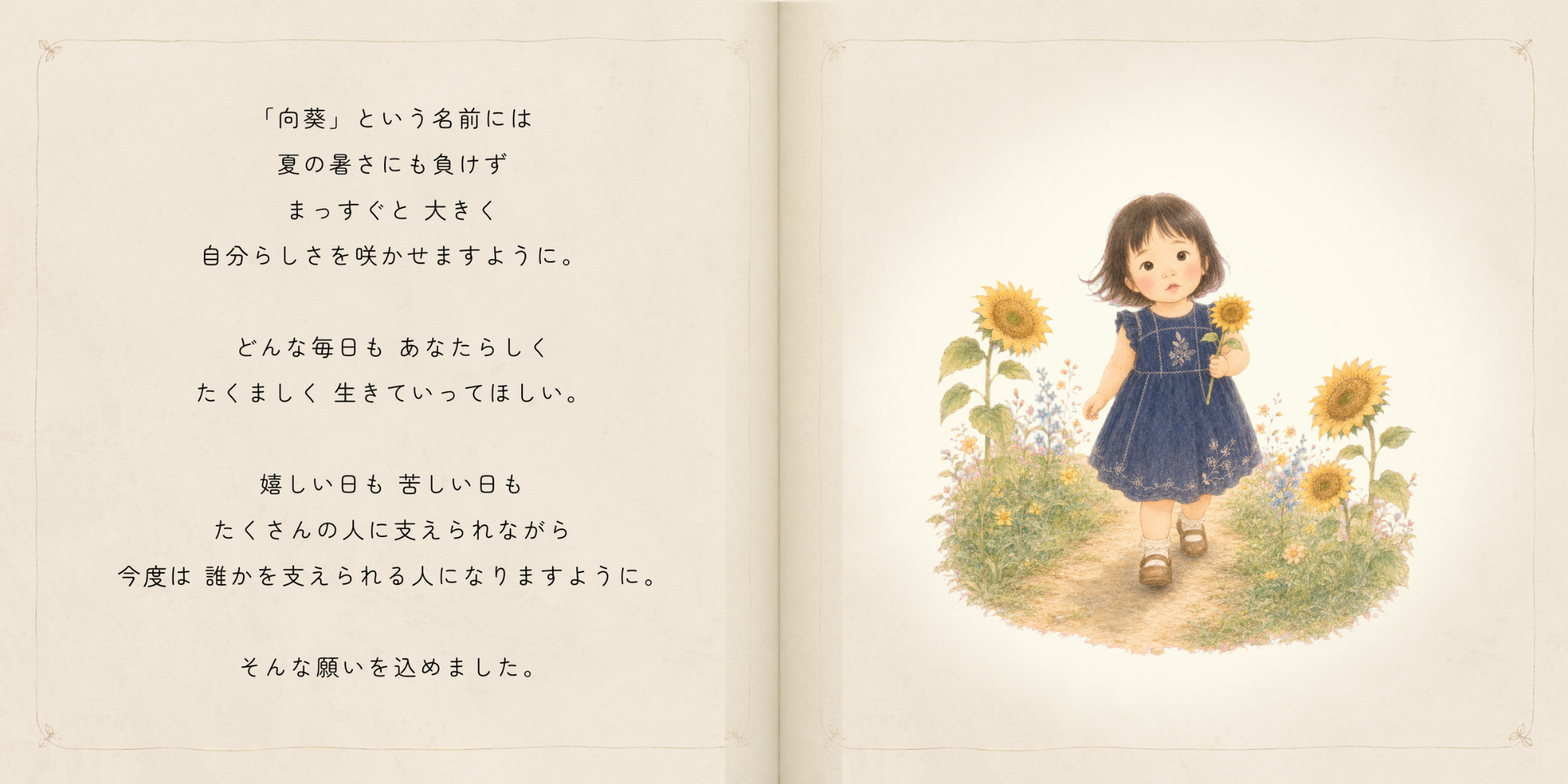 向日葵の中を歩く向葵ちゃんと名前全体に込めた願いを描いた見開き