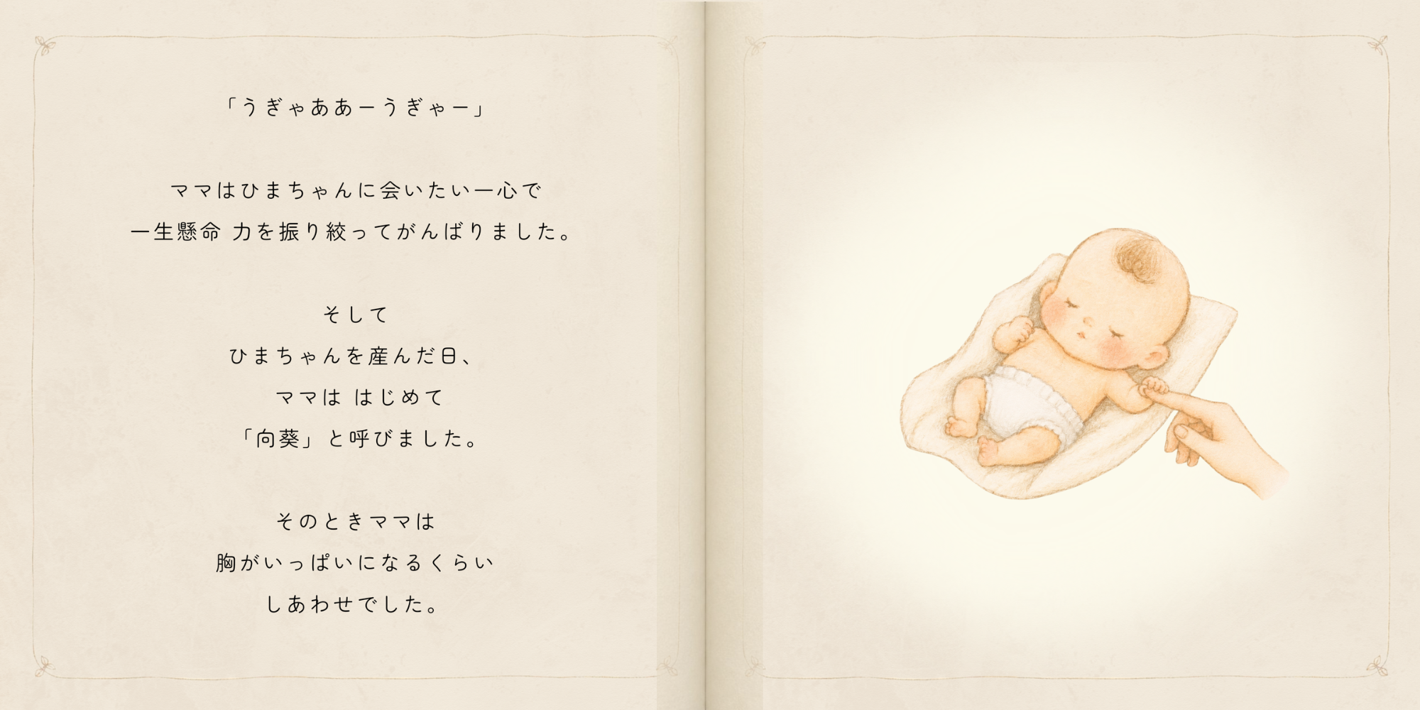 向葵ちゃんが生まれた日にママが初めて名前を呼んだ場面の見開き
