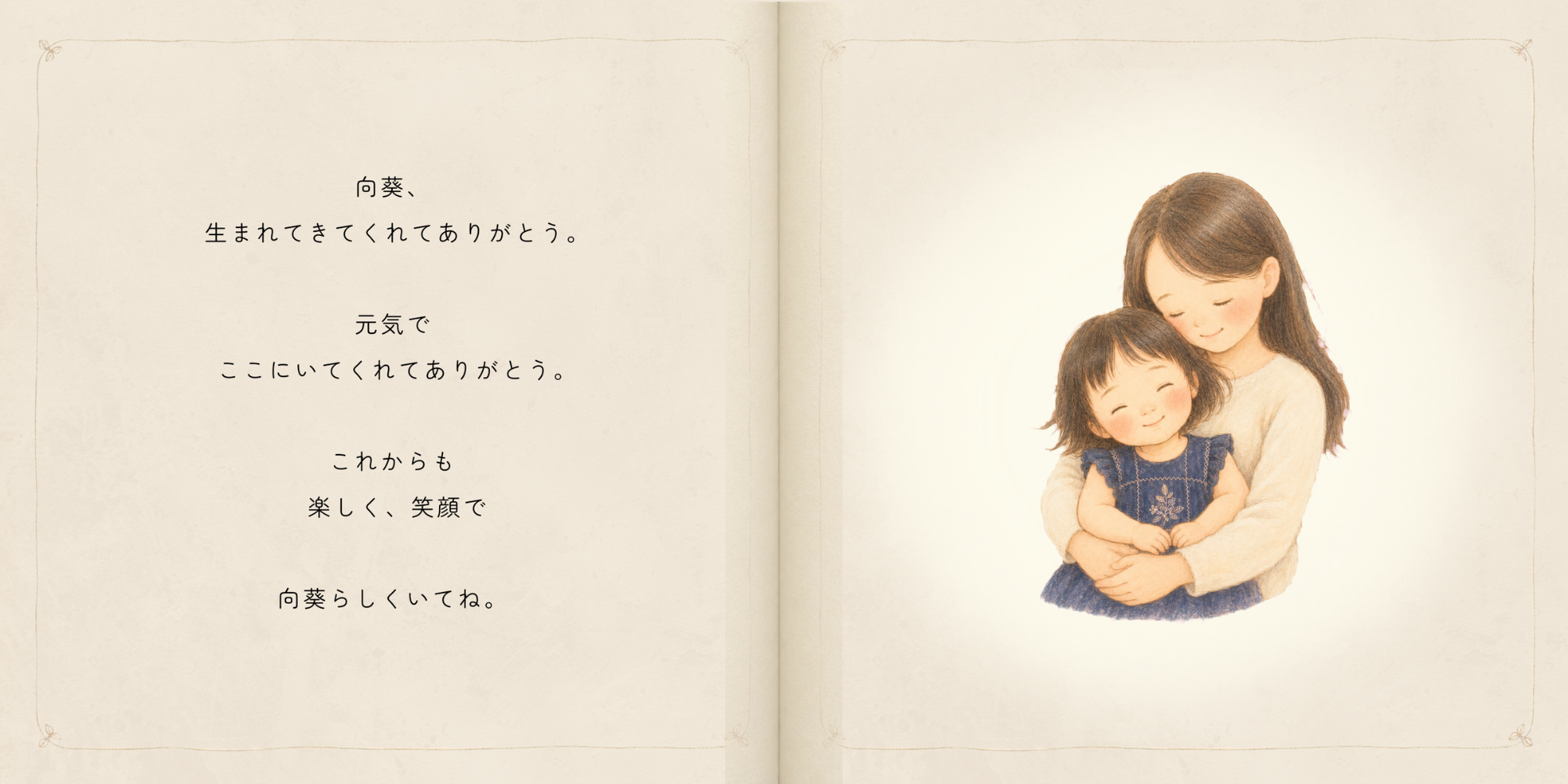 生まれてきてくれた感謝と変わらない愛情を、抱きしめ合う親子のイラストとともに綴った見開き