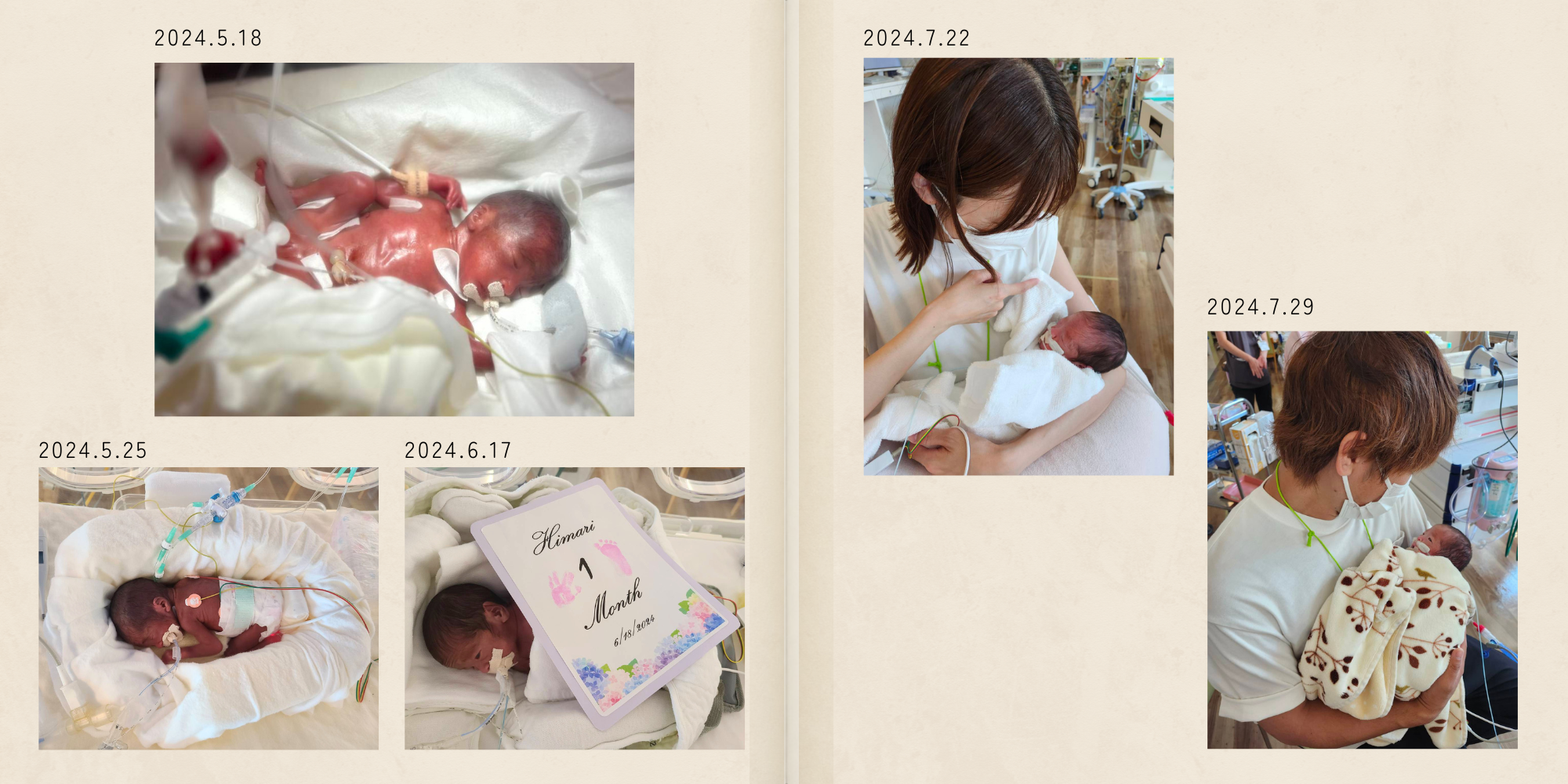 向葵ちゃんの誕生の日から、ご家族が初めて抱っこできた日までの写真を収めた見開き
