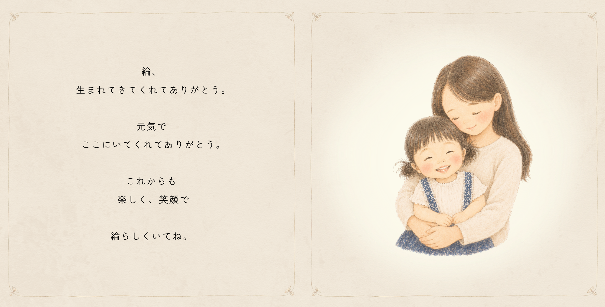 ママが赤ちゃんを抱き、生まれてきてくれてありがとうと伝える絵本の見開き
